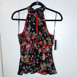 Lily Black Large Halter Neck With Keyhole Side Zip & Peplum Sleeveless Blouse
